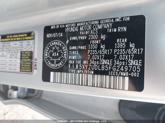 5XYZUDLB5FG249705 Hyundai Santa Fe