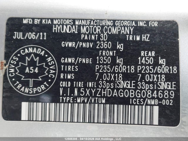 Продаж на аукціоні авто 2011 Hyundai Santa Fe Limited 3.5, vin: 5XYZHDAG0BG084689, номер лоту: 12588305