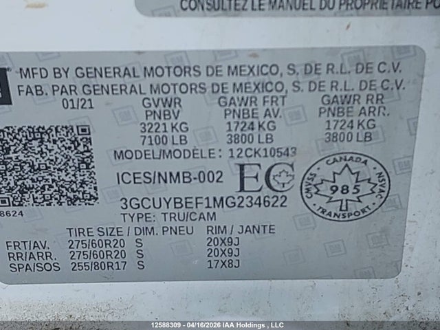 2021 Chevrolet Silverado K1500 Custom მანქანა იყიდება აუქციონზე, vin: 3GCUYBEF1MG234622, აუქციონის ნომერი: 12588309