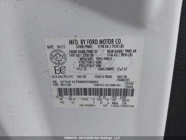 2011 Ford F150 მანქანა იყიდება აუქციონზე, vin: 1FTNF1CF6BKD39203, აუქციონის ნომერი: 12588319