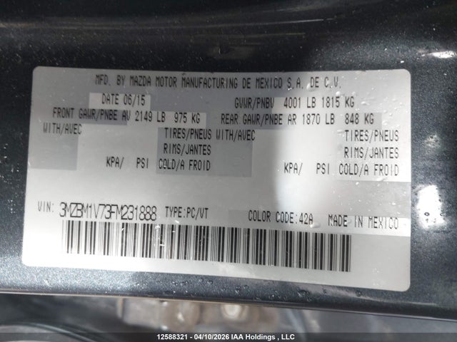 3MZBM1V73FM231888 Mazda 3 TOURING