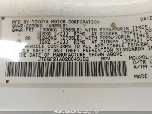 Aukcja sprzedaży 2002 Toyota Highlander Limited V6, vin: JTEGF21A020049102, numer aukcji: 12588323