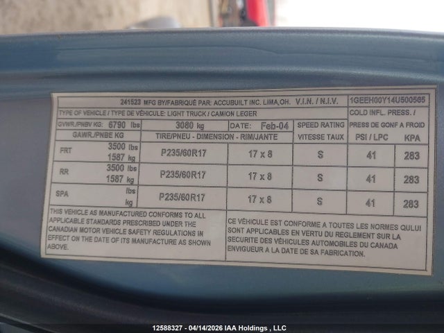 Продаж на аукціоні авто 2004 Cadillac Commercial Chassis, vin: 1GEEH00Y14U500565, номер лоту: 12588327