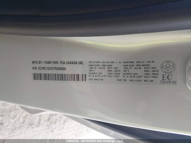 2026 Chrysler Pacifica Limited მანქანა იყიდება აუქციონზე, vin: 2C4RC1GG4TR240430, აუქციონის ნომერი: 12588332