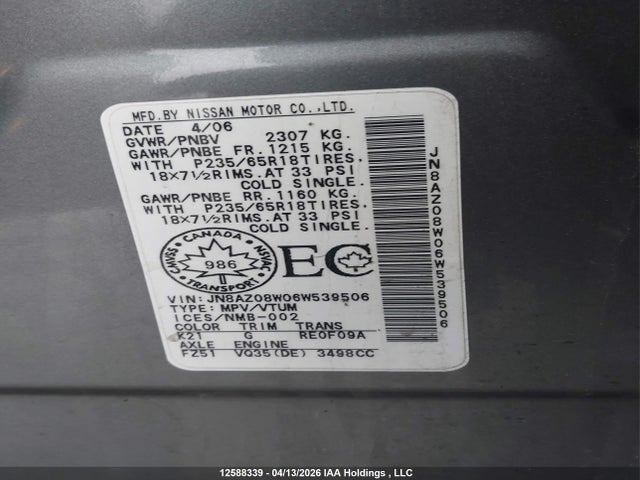 2006 Nissan Murano Sl/se/s მანქანა იყიდება აუქციონზე, vin: JN8AZ08W06W539506, აუქციონის ნომერი: 12588339
