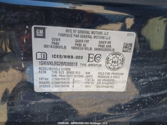 12588348 :رقم المزاد ، 1GNWKLEG2BR388818 vin ، 2011 Chevrolet Suburban K2500 Ls مزاد بيع
