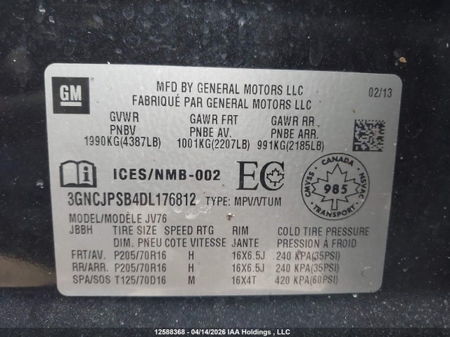 Aukcja sprzedaży 2013 Chevrolet Trax 1lt, vin: 3GNCJPSB4DL176812, numer aukcji: 12588368
