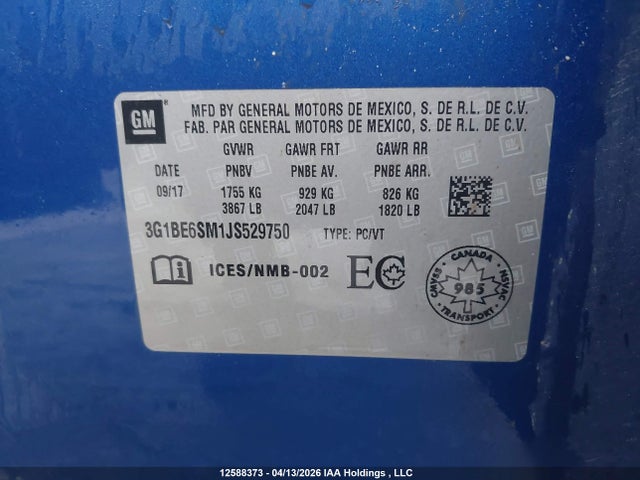 Aukcja sprzedaży 2018 Chevrolet Cruze Lt, vin: 3G1BE6SM1JS529750, numer aukcji: 12588373