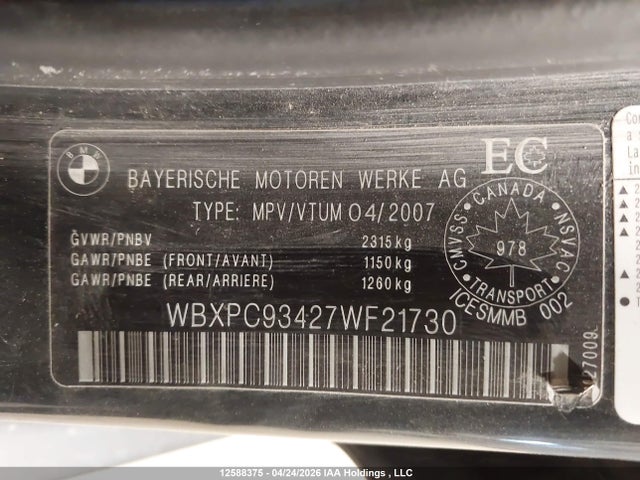 Продажа на аукционе авто 2007 Bmw X3 3.0si, vin: WBXPC93427WF21730, номер лота: 12588375