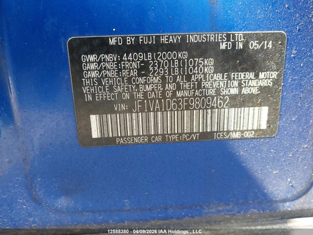 Продажа на аукционе авто 2015 Subaru Wrx Premium, vin: JF1VA1D63F9809462, номер лота: 12588380