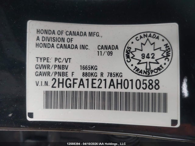2010 Honda Civic Dx მანქანა იყიდება აუქციონზე, vin: 2HGFA1E21AH010588, აუქციონის ნომერი: 12588394