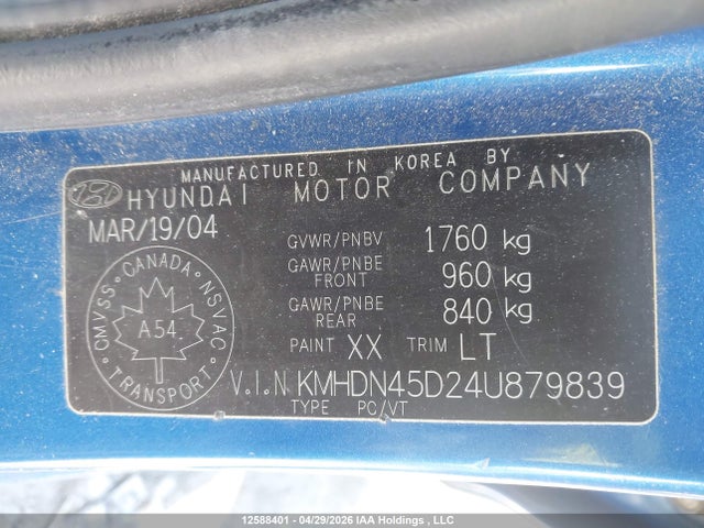 12588401 :رقم المزاد ، KMHDN45D24U879839 vin ، 2004 Hyundai Elantra Gl/ve مزاد بيع