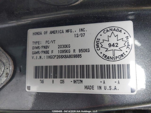 Aukcja sprzedaży 2008 Honda Accord Ex-l, vin: 1HGCP268X8A809885, numer aukcji: 12588405