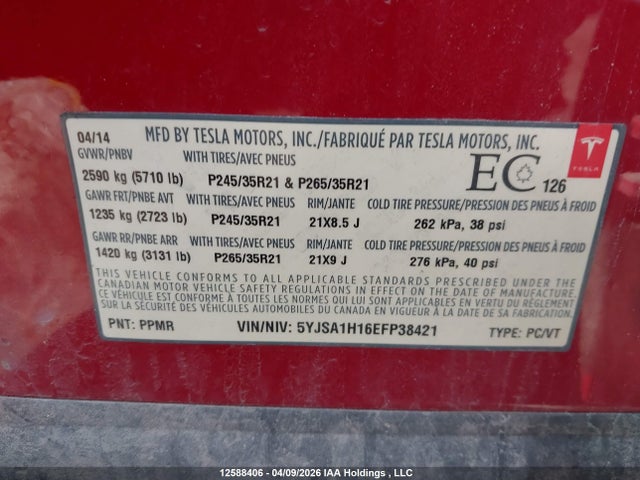 Продажа на аукционе авто 2014 Tesla Model S, vin: 5YJSA1H16EFP38421, номер лота: 12588406