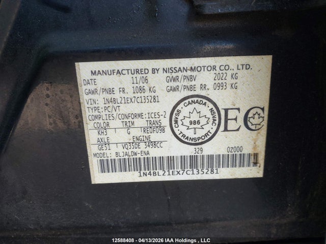 12588408 :رقم المزاد ، 1N4BL21EX7C135281 vin ، 2007 Nissan Altima 3.5 Sl مزاد بيع