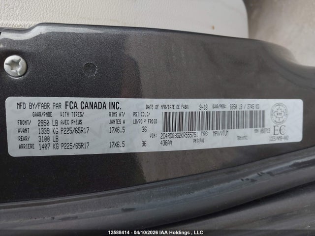 Продаж на аукціоні авто 2019 Dodge Grand Caravan Cvp/sxt, vin: 2C4RDGBG2KR555751, номер лоту: 12588414