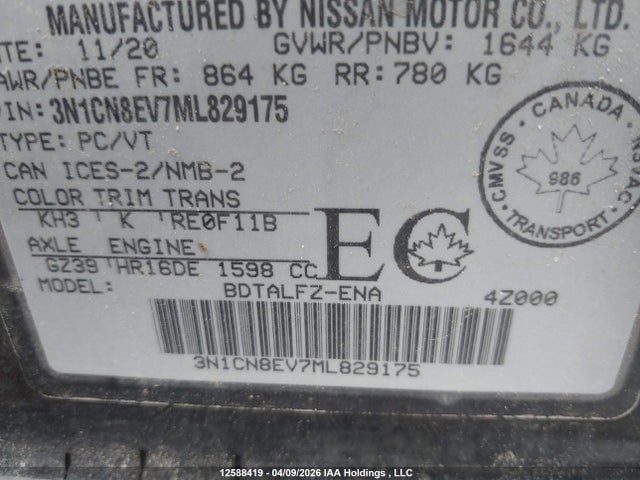 Aukcja sprzedaży 2021 Nissan Versa Sv, vin: 3N1CN8EV7ML829175, numer aukcji: 12588419