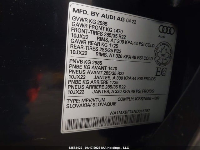 12588422 :رقم المزاد ، WA1MXBF74ND016757 vin ، 2022 Audi Q7 Progressiv مزاد بيع