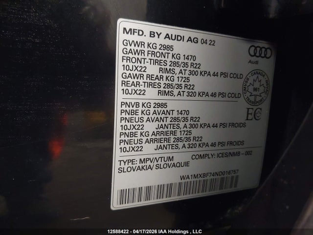 12588422 :رقم المزاد ، WA1MXBF74ND016757 vin ، 2022 Audi Q7 Progressiv مزاد بيع