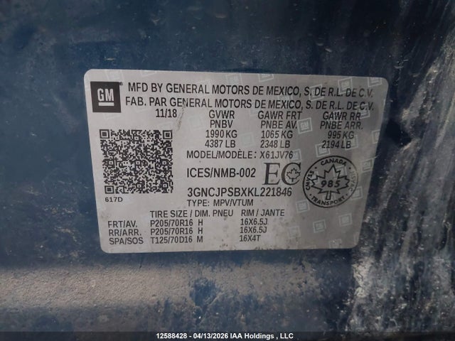 Aukcja sprzedaży 2019 Chevrolet Trax Lt, vin: 3GNCJPSBXKL221846, numer aukcji: 12588428