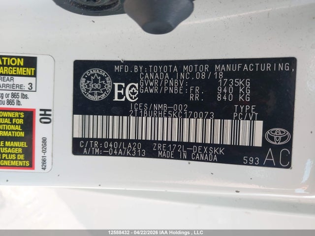 2019 Toyota Corolla მანქანა იყიდება აუქციონზე, vin: 2T1BURHE5KC170073, აუქციონის ნომერი: 12588432