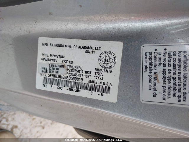 Aukcja sprzedaży 2011 Honda Odyssey Ex-l, vin: 5FNRL5H69BB509819, numer aukcji: 12588438