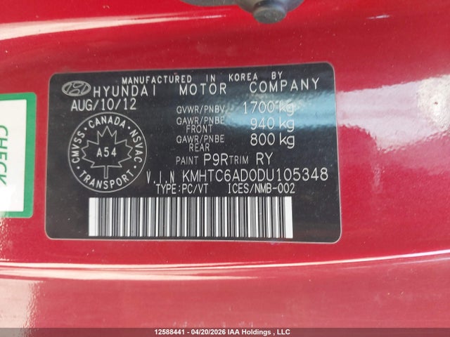 12588441 :رقم المزاد ، KMHTC6AD0DU105348 vin ، 2013 Hyundai Veloster Tech مزاد بيع