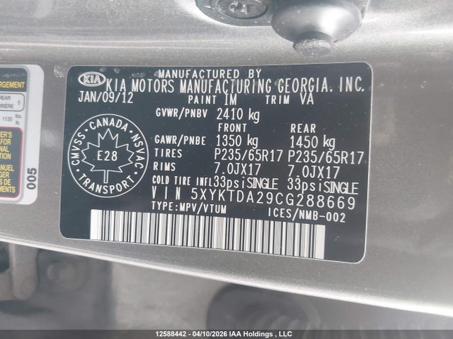 12588442 :رقم المزاد ، 5XYKTDA29CG288669 vin ، 2012 Kia Sorento Lx مزاد بيع