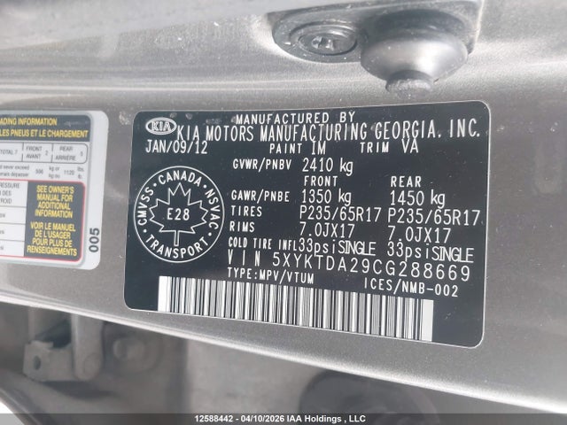 12588442 :رقم المزاد ، 5XYKTDA29CG288669 vin ، 2012 Kia Sorento Lx مزاد بيع