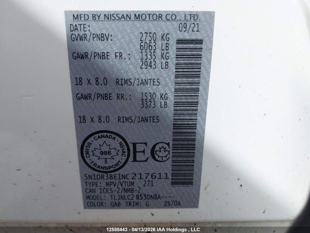Продаж на аукціоні авто 2022 Nissan Pathfinder Sv, vin: 5N1DR3BE1NC217611, номер лоту: 12588443