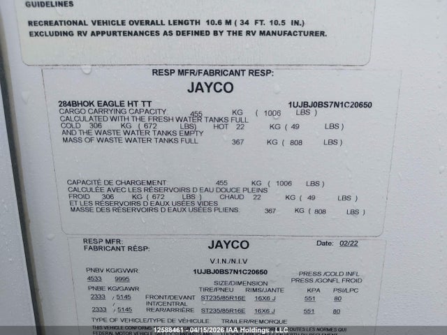 12588461 :رقم المزاد ، 1UJBJ0BS7N1C20650 vin ، 2022 Jayco Eagle مزاد بيع