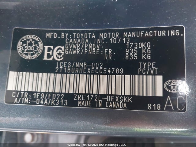 2014 Toyota Corolla L/le/le Pls/prm/s/s Pls მანქანა იყიდება აუქციონზე, vin: 2T1BURHEXEC054789, აუქციონის ნომერი: 12588467