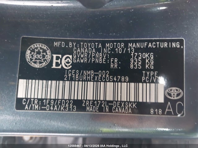 2014 Toyota Corolla L/le/le Pls/prm/s/s Pls მანქანა იყიდება აუქციონზე, vin: 2T1BURHEXEC054789, აუქციონის ნომერი: 12588467