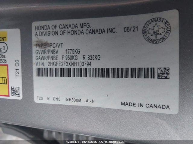 Продаж на аукціоні авто 2022 Honda Civic, vin: 2HGFE2F3XNH103794, номер лоту: 12588477