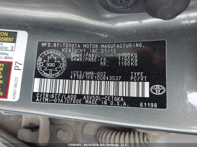 2013 Toyota Camry L/se/le/xle მანქანა იყიდება აუქციონზე, vin: 4T1BF1FK1DU643537, აუქციონის ნომერი: 12588483