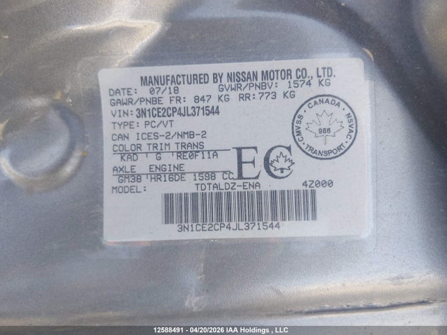 Aukcja sprzedaży 2018 Nissan Versa Note S/sr/sv, vin: 3N1CE2CP4JL371544, numer aukcji: 12588491