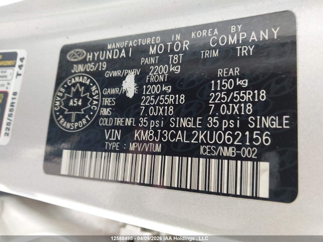 Продаж на аукціоні авто 2019 Hyundai Tucson Limited/sel/sport/ultimate/value/night, vin: KM8J3CAL2KU062156, номер лоту: 12588498