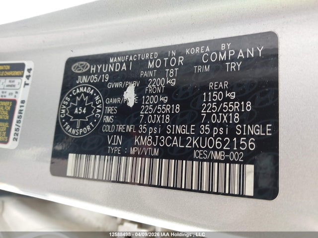 Продаж на аукціоні авто 2019 Hyundai Tucson Limited/sel/sport/ultimate/value/night, vin: KM8J3CAL2KU062156, номер лоту: 12588498