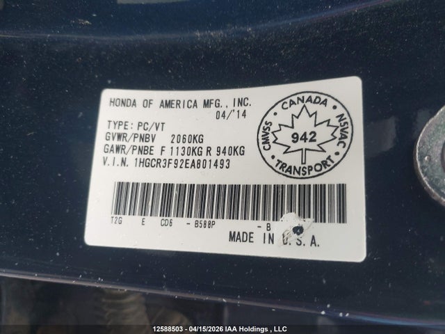 1HGCR3F92EA801493 Honda Accord Touring V6