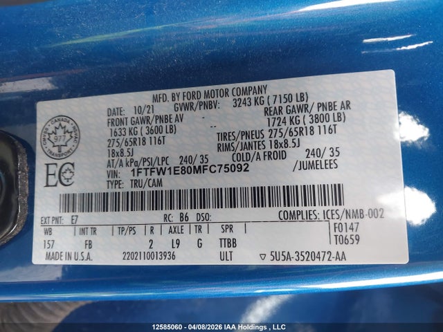 Aukcja sprzedaży 2021 Ford F-150 Xlt, vin: 1FTFW1E80MFC75092, numer aukcji: 12585060