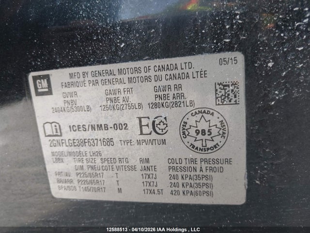 Aukcja sprzedaży 2015 Chevrolet Equinox 2lt, vin: 2GNFLGE38F6371685, numer aukcji: 12588513