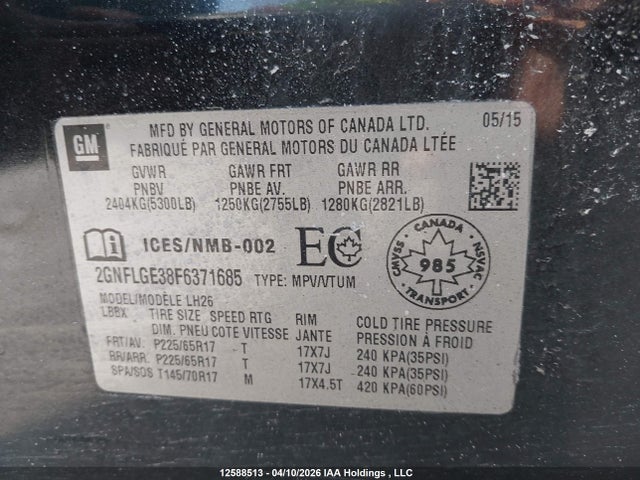 Aukcja sprzedaży 2015 Chevrolet Equinox 2lt, vin: 2GNFLGE38F6371685, numer aukcji: 12588513