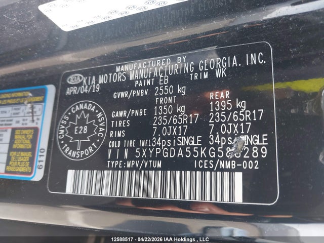 5XYPGDA55KG588289 KIA Sorento 2.4l Lx/3.3l Lx