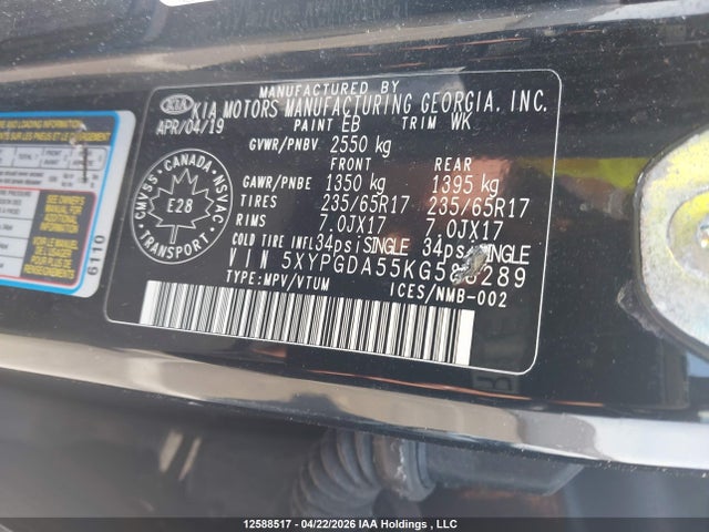 5XYPGDA55KG588289 KIA Sorento 2.4l Lx/3.3l Lx