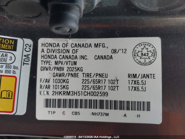 Aukcja sprzedaży 2012 Honda Cr-v Ex, vin: 2HKRM3H51CH002599, numer aukcji: 12588518