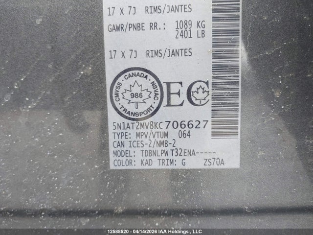 5N1AT2MV8KC706627 Nissan Rogue S/sl/sv