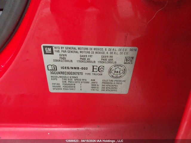 Aukcja sprzedaży 2016 Chevrolet Silverado 1500 2lt, vin: 3GCUKREC3GG367970, numer aukcji: 12588523