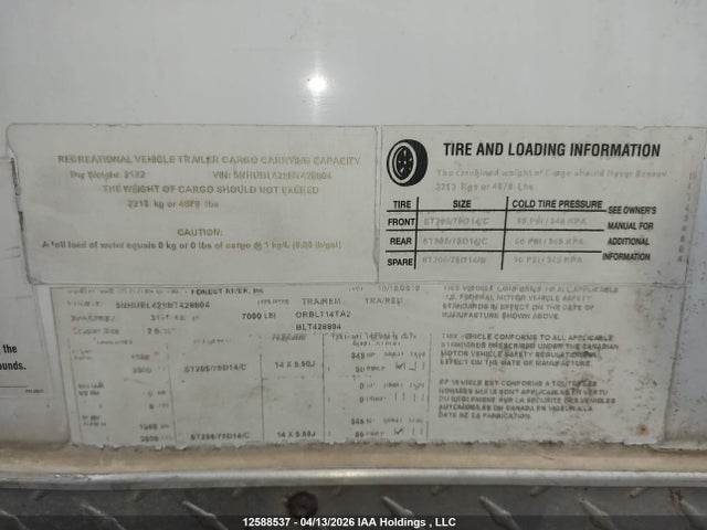 12588537 :رقم المزاد ، 5NHUBL429BT428804 vin ، 2011 Forest River  مزاد بيع