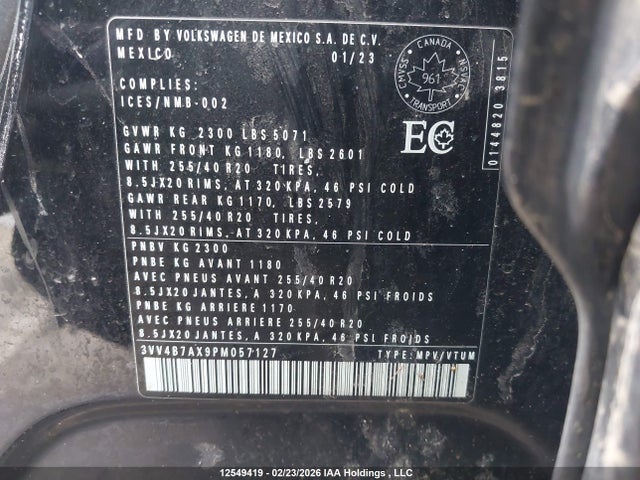 12549419 :رقم المزاد ، 3VV4B7AX9PM057127 vin ، 2023 Volkswagen Tiguan Highline R-line مزاد بيع