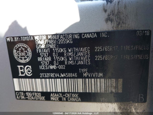 2018 Toyota Rav4 მანქანა იყიდება აუქციონზე, vin: 2T3ZFREV4JW458846, აუქციონის ნომერი: 12588540